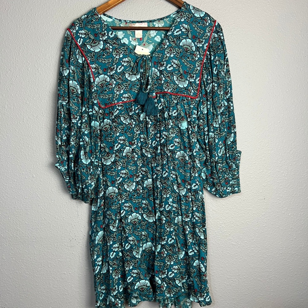 Band of the Free Mallory Teal Floral Babydoll Dress Tassel Tie Neck Pockets‎ M